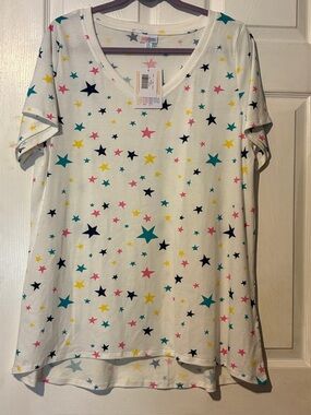 LuLaRoe Christy T White Star Print Tee in Teal, Navy, Yellow & Pink